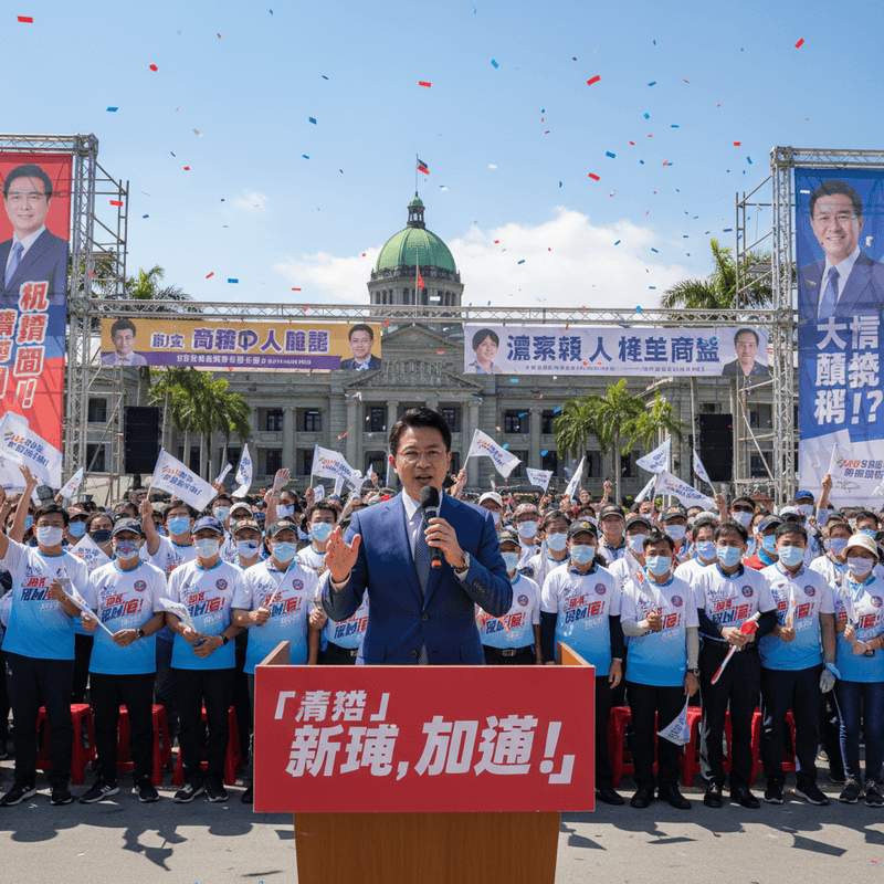 台灣政治人物在戶外大型造勢活動中,站在講台上對著熱情的支持者演講,背景是政府建築和旗幟,氣氛非常熱鬧。
