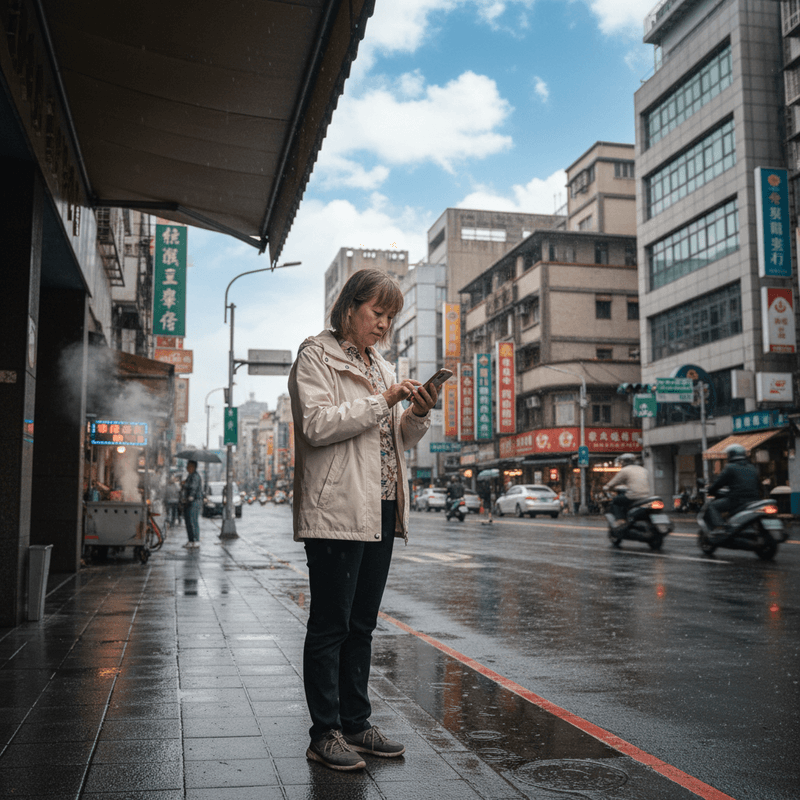 在下著細雨的台灣街頭,一位中年婦女穿著米白色外套和深色長褲,站在濕漉漉的人行道上專注地滑著手機。遠方街景依稀可見行人和摩托車,營造出獨特的台灣街頭日常感。