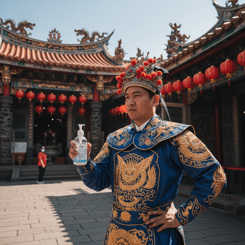 一位穿著藍金色華麗傳統戲服的表演者,頭戴精緻帽飾,手持一瓶乾洗手,站在台灣寺廟的庭院中。背景是紅柱和雕刻屋簷的傳統寺廟建築,陽光灑落在地面上,一位戴口罩的民眾在遠處走動,呈現出傳統文化與現代防疫措施並存的畫面。