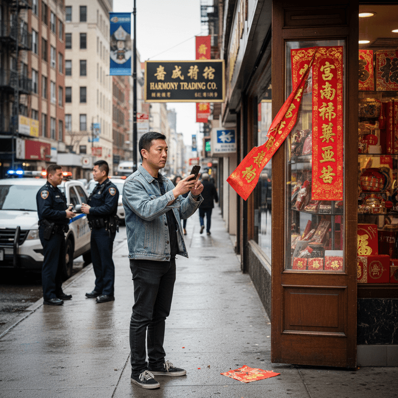 一名亞洲男性站在唐人街的濕漉漉人行道上,穿著牛仔外套和黑色長褲,正低頭專注地使用手機,背景有兩名警察站在警車旁交談,一旁還有掛著紅色春聯和「Harmony Trading Co.」招牌的商店,地上散落著紅色的紙張。