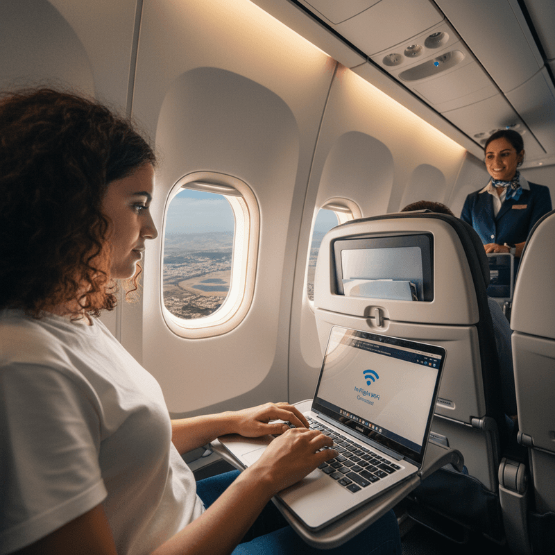 一位年輕女性旅客在飛機靠窗座位上,使用筆記型電腦連接機上Wi-Fi,享受空中無線上網服務。窗外是清晰的城市風景。