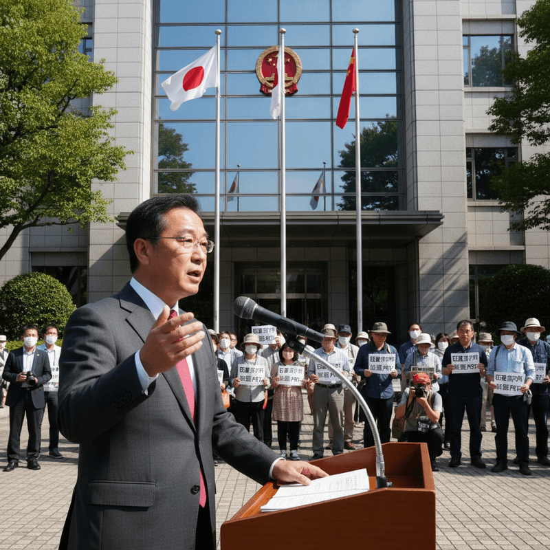 一位穿著西裝的日本男性,在中國大使館前透過麥克風發表演說,背後是一群手持標語的抗議民眾,表達他們對於日本自衛隊的立場。