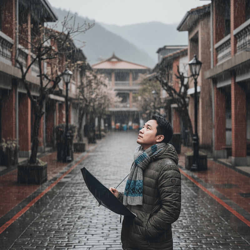 一位台灣男性在雨天中,撐著黑色雨傘走在充滿日式老建築的街道上,他穿著軍綠色外套和藍白灰相間的圍巾,抬頭望向天空,雨水打濕了石板路面,遠處的山景在霧氣中若隱若現,營造出寧靜而帶有懷舊氛圍的台灣雨景。