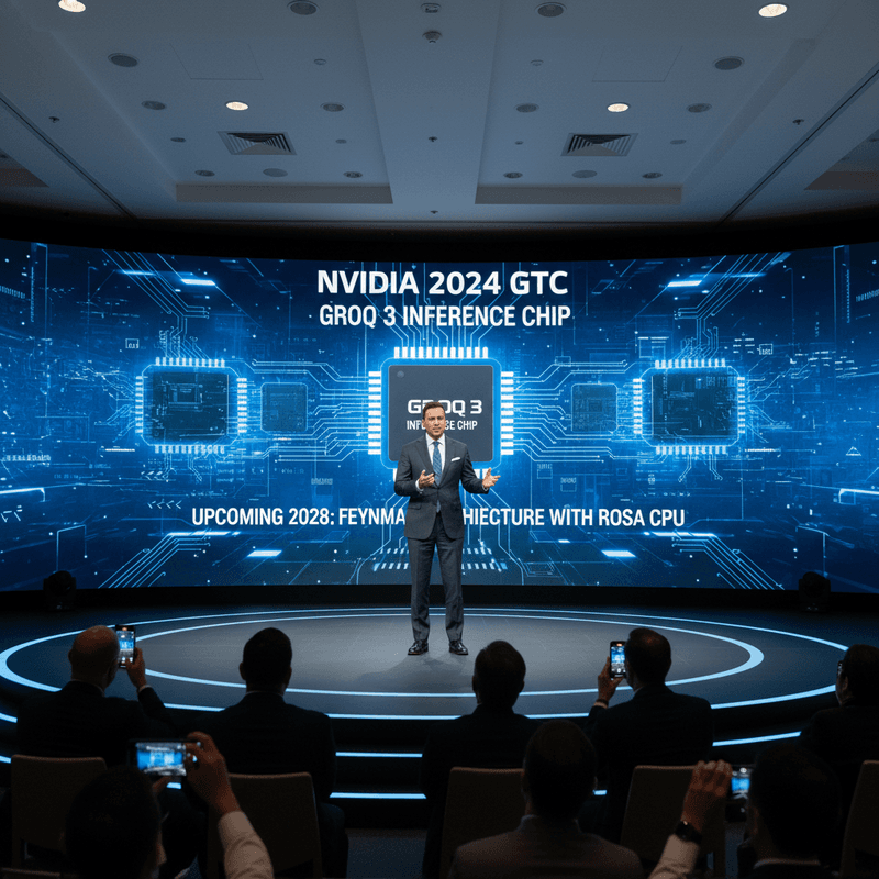 這張照片是NVIDIA 2024 GTC科技大會的現場,一位講者在舞台中央對著觀眾發表演說。他身後巨大的LED螢幕上顯示著「NVIDIA 2024 GTC」、「GROQ 3 INFERENCE CHIP」等文字,並展示著處理器的設計圖與技術規格,彷彿在預告最新的AI晶片技術。講者穿著西裝,手勢自信,似乎在熱情介紹NVIDIA最新的技術突破。台下坐滿了專心聆聽的觀眾,其中幾位甚至舉起手機拍攝,紀錄這場關鍵的科技趨勢發表。