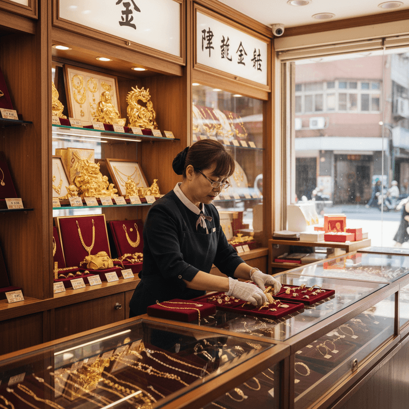 一位台灣珠寶店店員在傳統金飾店裡,專注地整理展示櫃中的黃金首飾,背景是琳瑯滿目的黃金商品和店鋪的招牌,呈現台灣在地金飾店的日常景象。
