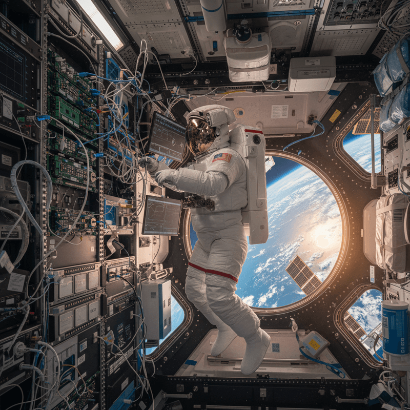 這張圖片呈現一位身穿太空服的太空人,在國際太空站(ISS)內部進行維修作業。他飄浮在艙內,周圍環繞著複雜的電子設備、電線和控制面板。透過太空站的圓形舷窗,可以看見壯麗的地球曲面和外太空景色,陽光灑落在地球邊緣,反射在舷窗上,整個畫面充滿科技感與探索精神。