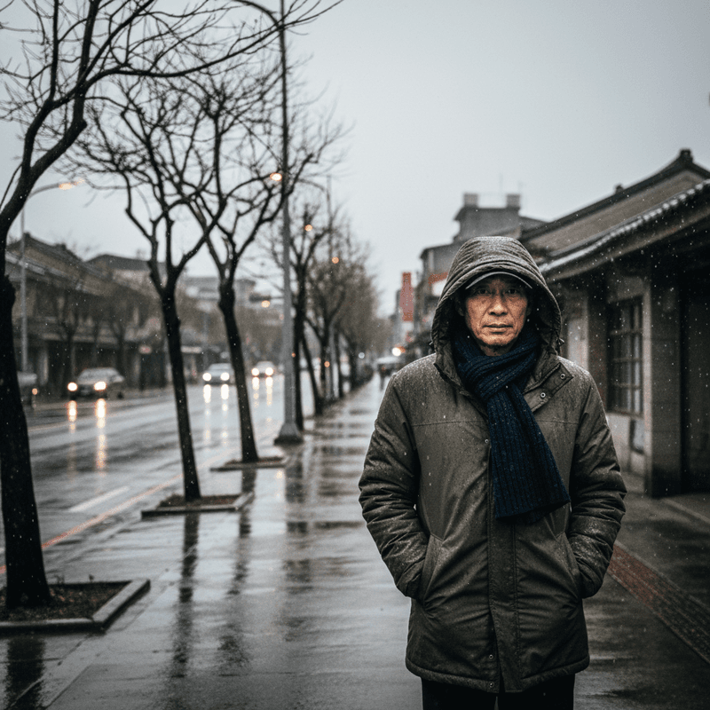 一位台灣中老年男性在下著雨的街頭,穿著軍綠色厚外套與藍色圍巾,戴著帽子,手插口袋站在人行道上,後方是濕滑的柏油路面和昏黃路燈,充滿冬日台北街頭的濕冷氛圍。