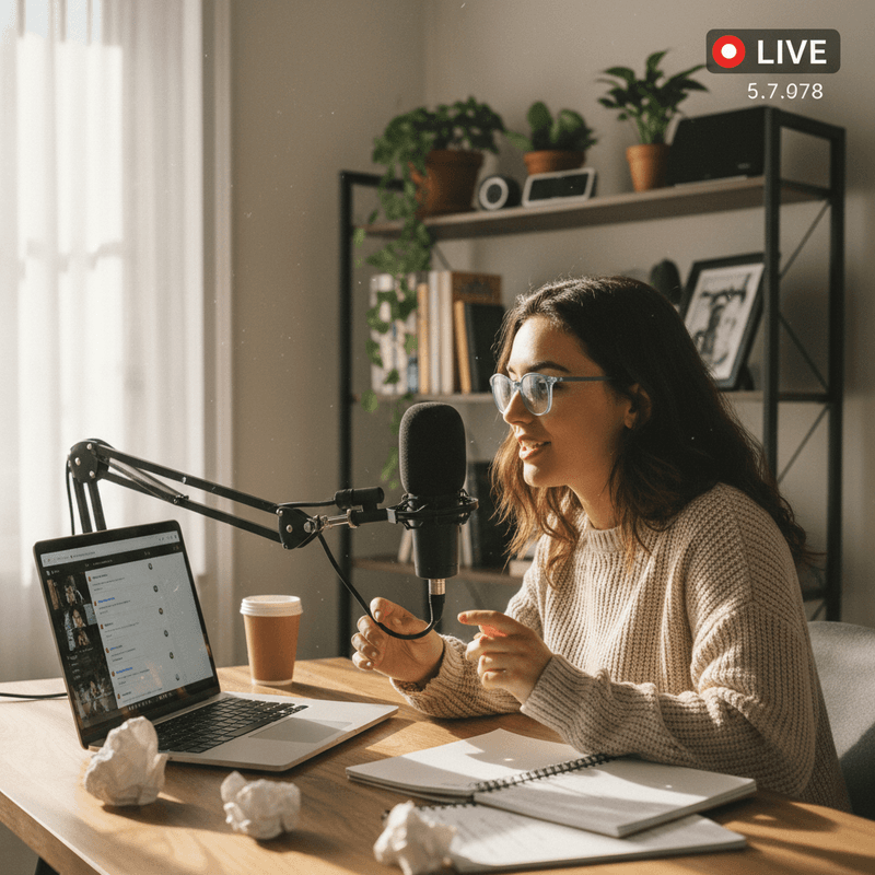 一位戴眼鏡的年輕女性 podcaster 正在家中的書房進行線上直播,她身穿米白色毛衣,專注地對著專業麥克風說話。她的筆記型電腦螢幕顯示著線上會議畫面,旁邊放著一杯咖啡和筆記本,桌上還有幾張揉成一團的紙。背景書架上擺放著書籍和綠色植物,營造出舒適的工作氛圍。