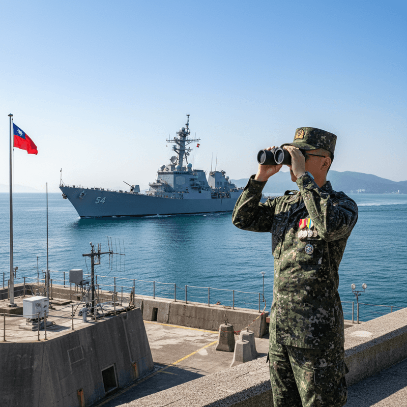 一名台灣海軍軍官,身穿迷彩服,配戴勳章,手持望遠鏡眺望海面。遠方海面上有一艘灰色軍艦緩緩駛過,艦身標示著「54」。軍艦後方是連綿的山脈與藍天,左側有一面台灣國旗隨風飄揚。