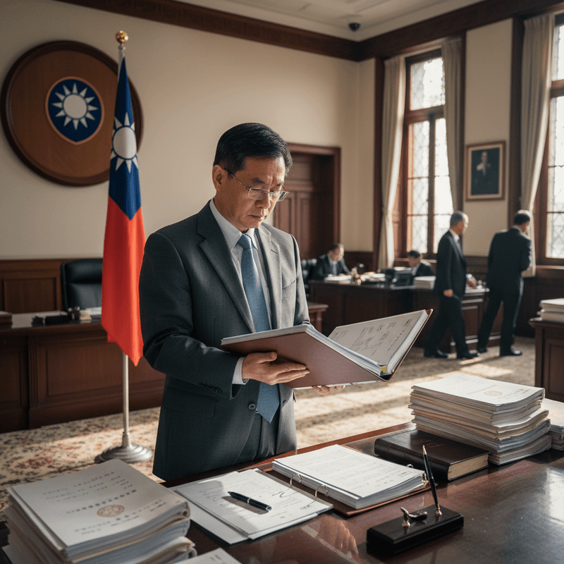 一位台灣政府官員在辦公室裡,穿著西裝打著藍色領帶,專心翻閱一份紅色的文件夾。他的辦公桌上堆疊著厚厚的文件與書籍,背景可見中華民國國旗與辦公室內的其他工作人員。