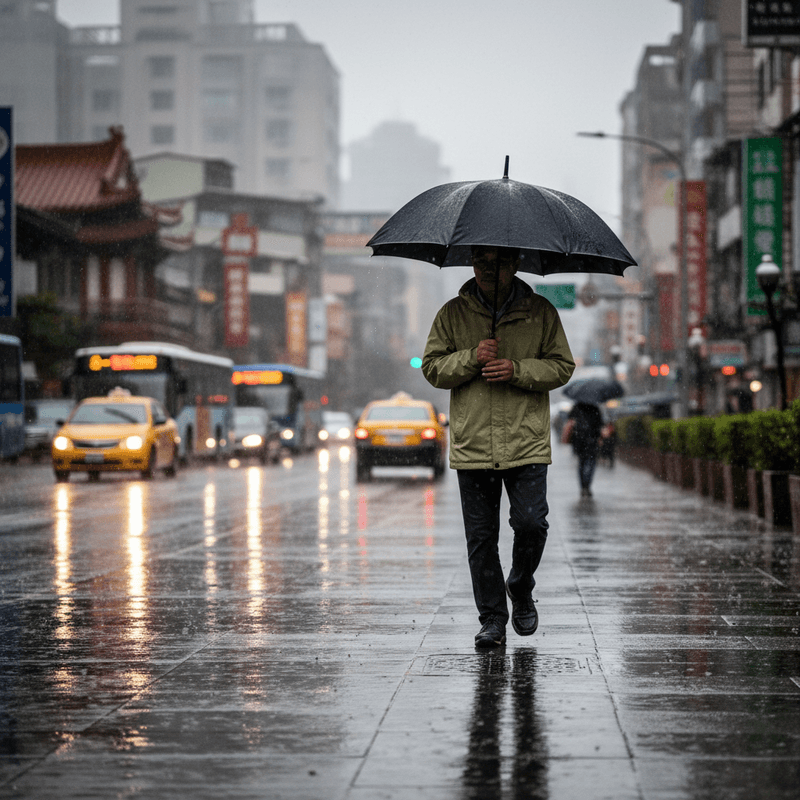 一位穿著雨衣的台灣男子,撐著黑色雨傘走在濕漉漉的台北街頭,街道上倒映著路燈和車輛的燈光,背景是繁忙的城市建築,還有幾輛計程車和公車,畫面充滿雨天的城市氛圍。