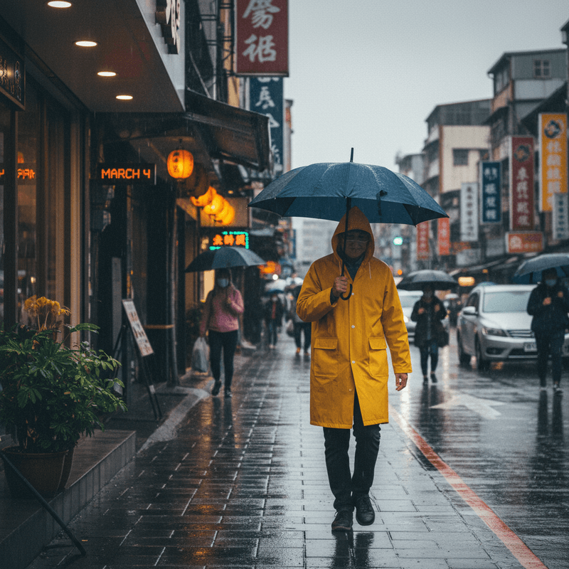 一名行人撐著藍色雨傘,身穿亮黃色雨衣走在台灣濕漉漉的街道上,路旁的店家招牌和街燈在雨中閃爍,地上還能看到雨水反射著光芒。