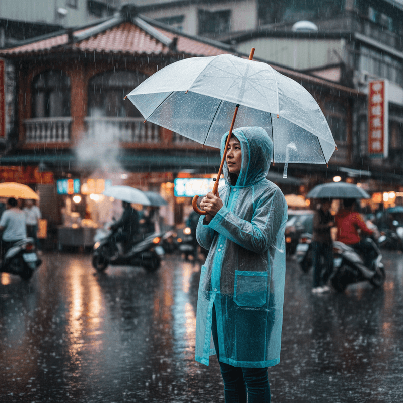 在一個下著雨的台灣街頭,一位穿著透明雨衣的女性撐著透明雨傘,雨水打濕了地面,呈現出濕潤的反光,背景是繁忙的城市街道,行人和摩托車在雨中穿梭,展現了台灣獨特的雨天街景。