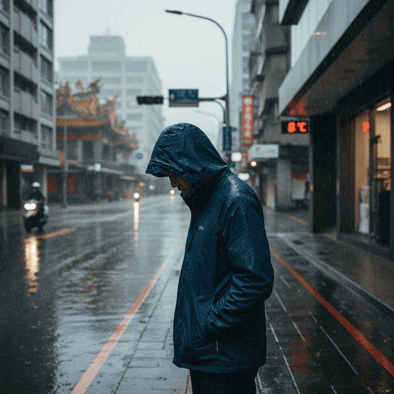 一位穿著深藍色防水外套的男子,戴著帽子,在下雨的台北街頭獨自走著,路面濕滑倒映著燈光,行人稀少,展現出台灣都市雨天的獨特氛圍。