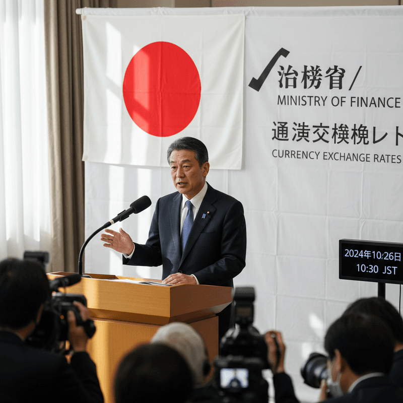 日本財政部長鈴木俊一在記者會上發表談話,身後是日本國旗和財政部標誌。他穿著深藍色西裝,打著藍色領帶,神情嚴肅地對著麥克風講話,並比出手勢。現場有多位攝影師和記者,捕捉這重要的財經新聞畫面,右側的電子螢幕顯示日期為2024年10月26日10:30 JST。