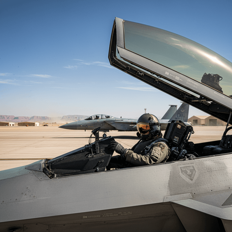 一名台灣空軍飛行員坐在F-16戰鬥機的駕駛艙內,戴著飛行頭盔與墨鏡,準備執行飛行任務。背景可見停機坪上另有其他戰鬥機,以及遠處的機庫和山脈,展現了台灣空軍基地忙碌而專業的氛圍。
