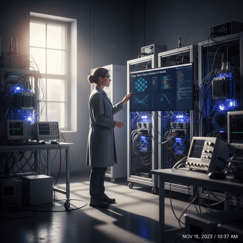 繁體中文 alt:一位女性科學家在實驗室中操作高科技電腦,屏幕上顯示量子人工智慧模型的程式碼與圖表,背景有多台伺服器和醫療檢測儀器,展現醫療科技與AI醫療的結合。