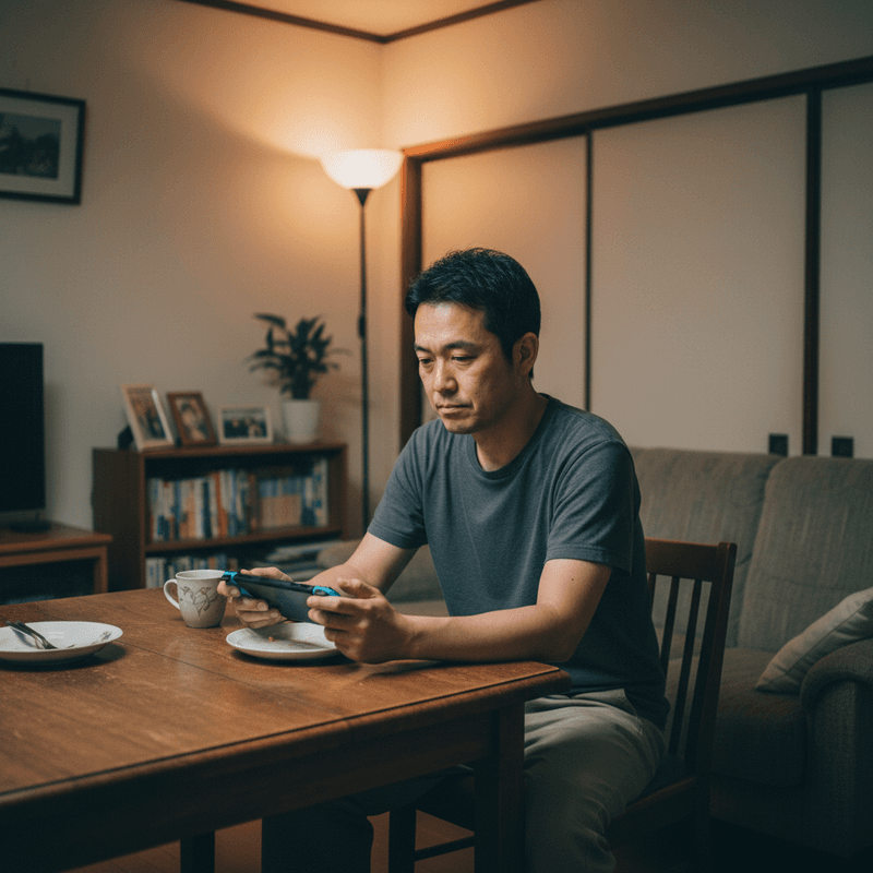 一名亞洲中年男子坐在家中客廳的木質餐桌旁,專注地低頭玩著手中的任天堂Switch掌上遊戲機。餐桌上放著他的餐盤和一個馬克杯,後方是溫馨的客廳佈置,有沙發、書櫃和立燈。