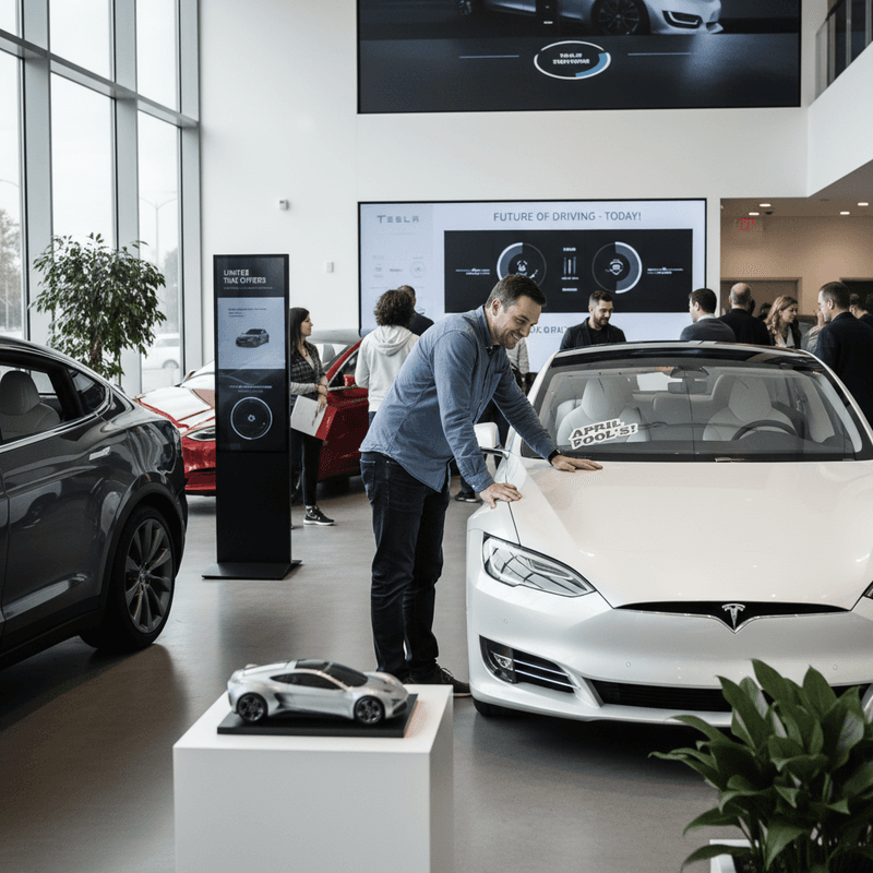 一位男顧客正在台北特斯拉展示中心欣賞一輛白色的特斯拉Model S電動車,他手輕輕放在車頭,臉上帶著滿意的微笑,背景還能看到其他顧客和多款特斯拉電動車。