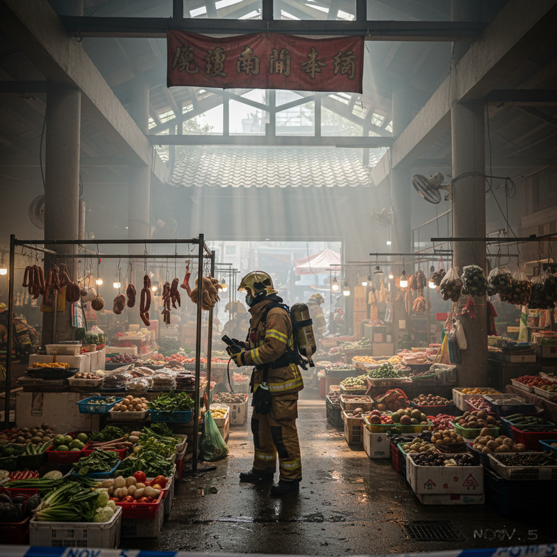 消防人員在火災現場灌救