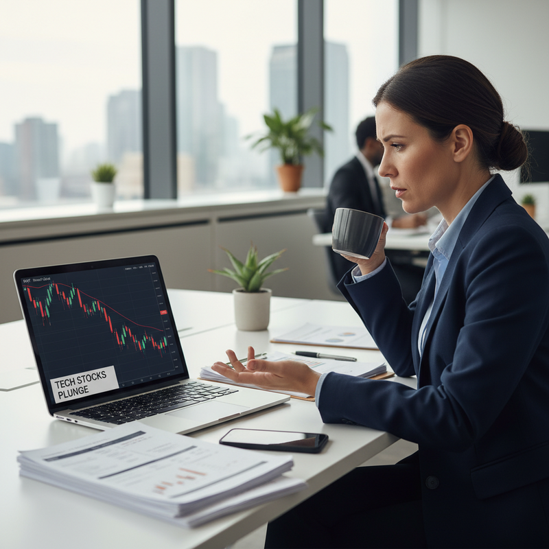 台灣女性金融專業人士分析股市K線圖，呈現近期科技股跌勢