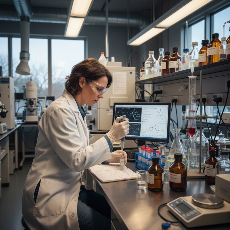 一位穿著白色實驗袍、戴著護目鏡的女性科學家，專注地在化學實驗室中操作滴定管進行實驗。她的桌上擺滿了燒杯、試管、化學藥品和一台顯示複雜分子結構的電腦螢幕，整個實驗室環境明亮且設備齊全，展現嚴謹的科學研究氛圍。
