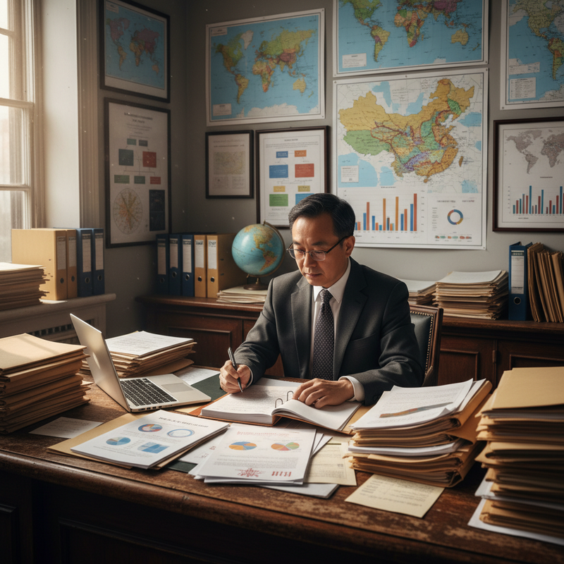 一位戴眼鏡的亞洲商務人士正坐在堆滿文件的木製辦公桌前，專注地手寫筆記，身旁有一台筆記型電腦和許多資料夾，辦公室牆上掛滿世界地圖和圖表。