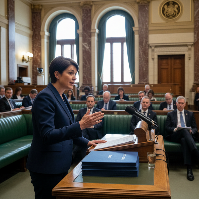 一位穿著深藍色西裝的女性政治人物正在國會殿堂中發表演說，她站在講桌前，左手拿著講稿，右手比劃著，表情嚴肅而專注。背景是莊嚴的議事廳，有多位身著西裝的聽眾坐在綠色沙發上聆聽。