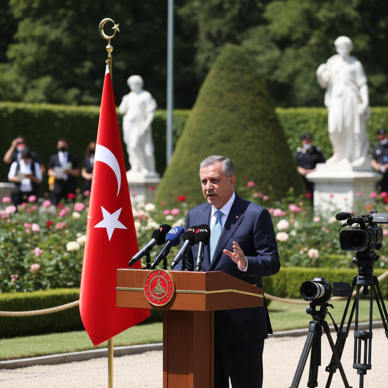 土耳其總統艾爾段（Recep Tayyip Erdoğan）在戶外記者會上發表演說，身旁是醒目的土耳其國旗。他穿著深色西裝和藍色領帶，手勢強調著演講內容，身後則是一片綠意盎然的庭園景致，還有幾尊白色雕像點綴其間。