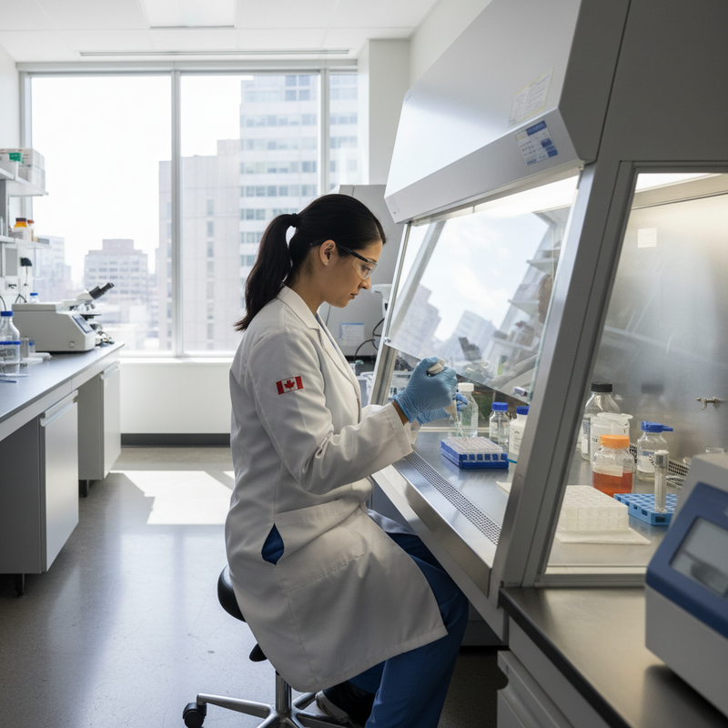 一位穿著白色實驗袍的女性科學家，在實驗室的生物安全櫃前專注地進行科學研究，她戴著手套，小心翼翼地操作試管中的化學液體，背景是明亮的窗戶和城市景觀。