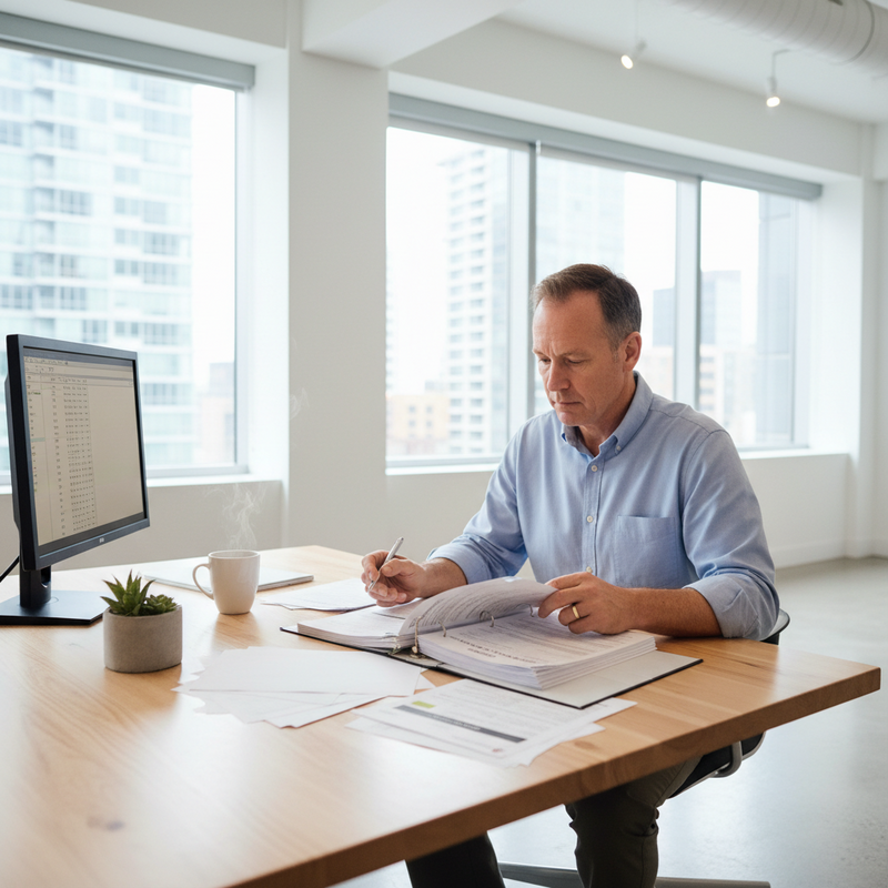 一位中年白人男性商務人士，身穿淺藍色襯衫，專注地坐在現代辦公室內的木質辦公桌前，右手持筆，左手翻閱著厚厚的文件夾，桌上還有電腦螢幕、冒著熱氣的咖啡杯和綠色盆栽。