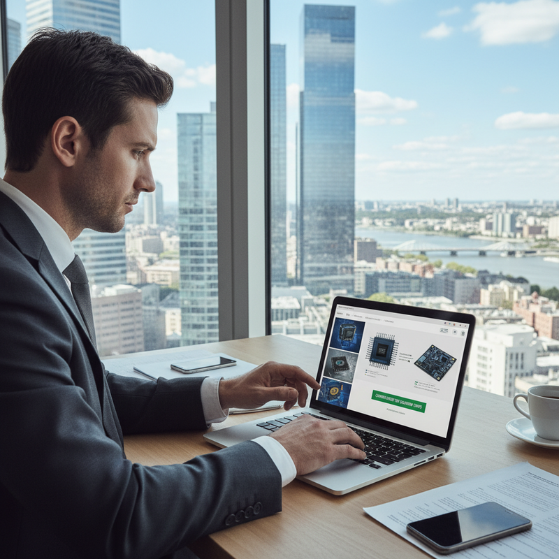 一位穿著灰色西裝的商務人士，在窗明几淨的辦公室裡，專注地使用筆記型電腦工作，窗外是高樓林立的城市景觀與蜿蜒的河流，展現台灣都會專業人士的日常。