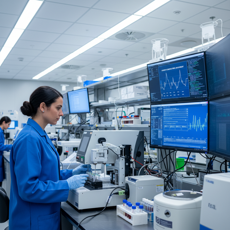 一位穿著藍色實驗衣的女性研究員在現代實驗室中專注地進行樣品測試，旁邊的螢幕顯示著詳細的數據圖表。