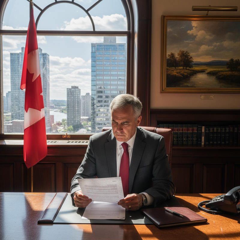 一位穿著西裝打領帶的男性在辦公室裡看文件，窗外是高樓大廈林立的城市風景，旁邊還掛著一面加拿大國旗，整體畫面呈現出專業且嚴肅的氛圍。