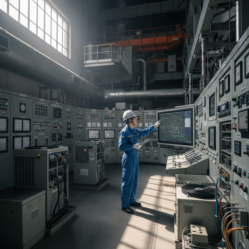 一位穿著藍色工作服的工程師，頭戴白色安全帽和手套，正專注地站在核電廠或大型機電廠的控制室內，用手指點擊並監控牆上顯示複雜系統圖的螢幕，周圍環繞著佈滿儀表、按鈕和顯示器的控制面板。