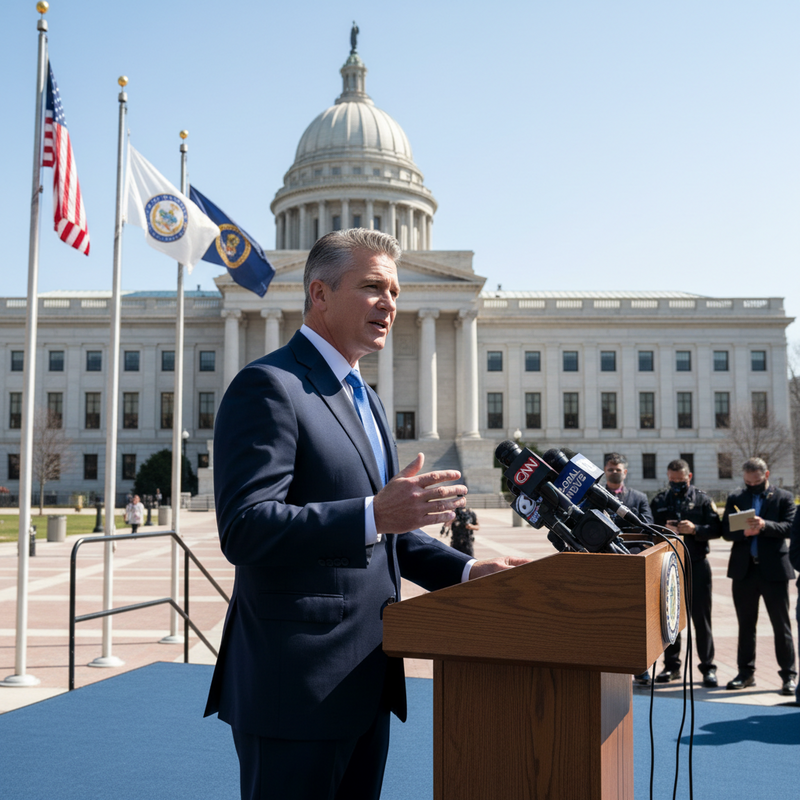 一位穿著深藍色西裝的政治人物在戶外演講，身後是美國國會大廈，他站在講台上，正對著麥克風發表談話，台下有多位媒體記者正在拍攝。
