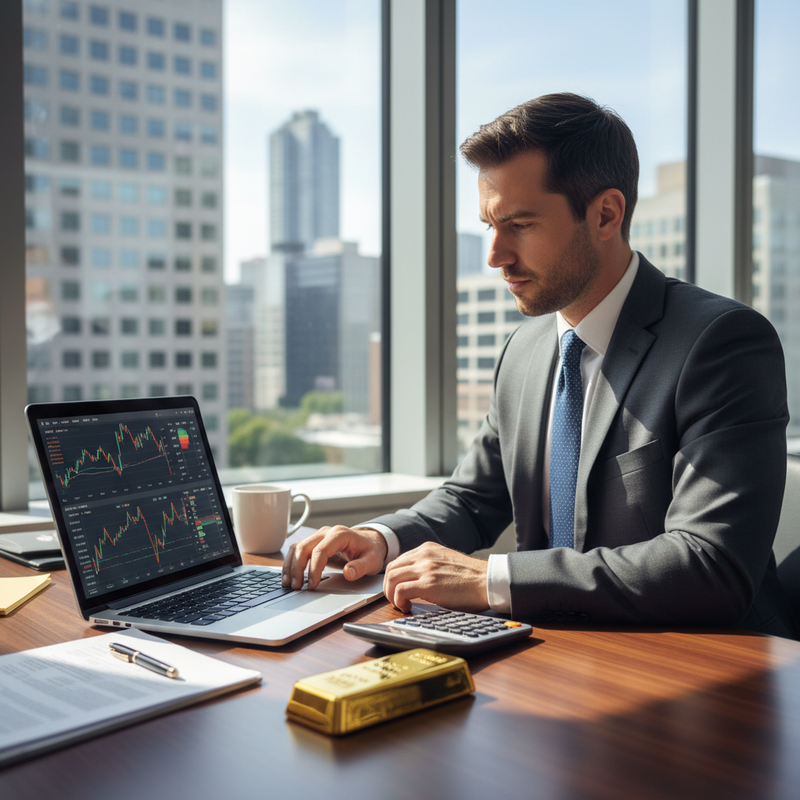 一位穿著西裝的專業金融交易員坐在高樓層辦公室的木質書桌前，專注地看著筆記型電腦螢幕上的股票走勢圖和財經數據。他右手操作著筆電，左手則放在計算機旁。桌上除了筆電和計算機，還有一個咖啡杯、幾條閃閃發光的金條以及一份文件和一支筆。辦公室窗外是繁華的城市天際線，陽光灑落在室內，營造出專業而繁忙的金融工作氛圍，展現金融從業人員的日常。