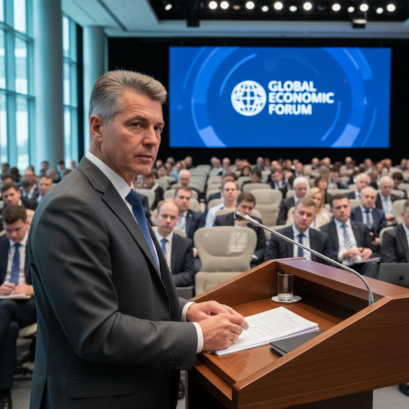 一位穿著灰色西裝和藍色領帶的男性企業家，正在「全球經濟論壇」上發表演講。他站在木質講台後方，手中握著筆，眼神專注地望向前方，講台上有文件和水杯。背景是一間大型會議廳，座無虛席，許多與會者正專心聆聽，後方的大螢幕上顯示著「GLOBAL ECONOMIC FORUM」的標誌。