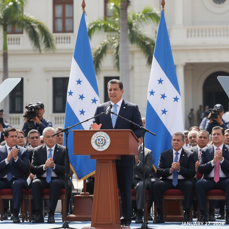 宏都拉斯總統在就職典禮上，站在深棕色的木質講台後方，面向前方群眾發表演說，兩側矗立著宏都拉斯國旗，台下坐滿觀禮嘉賓。