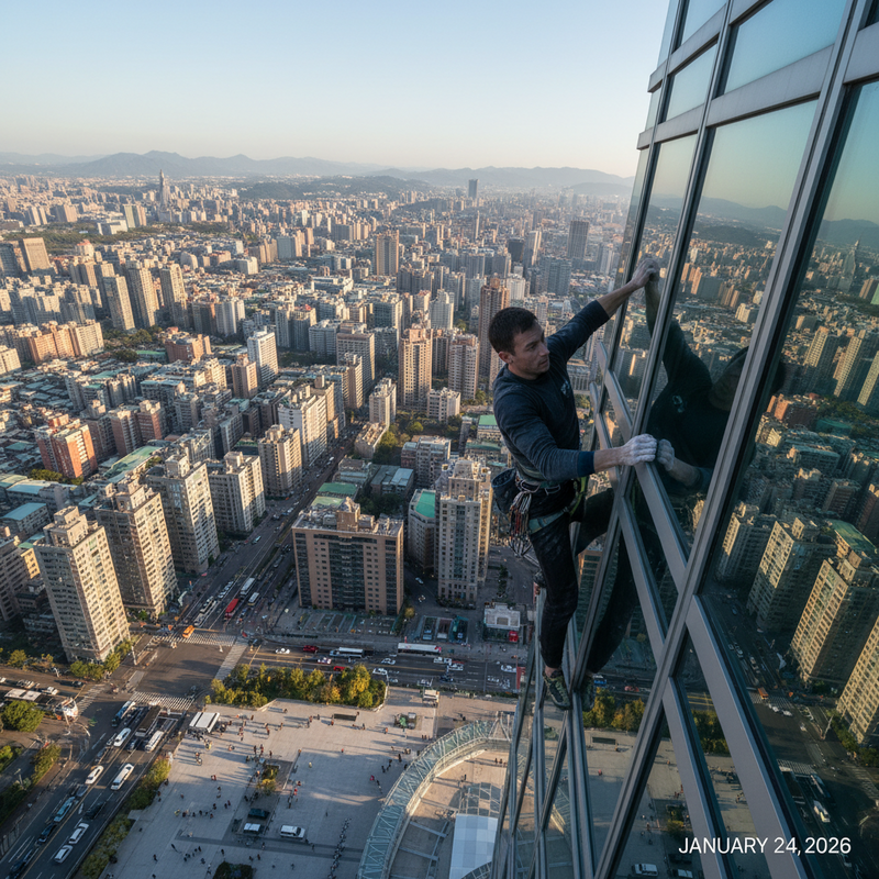 一位身穿黑色運動服的男性攀爬者，配戴攀岩安全裝備，正在高樓大廈的玻璃帷幕外牆上，徒手進行攀爬。他面向右側，專注地抓住玻璃之間的結構，背後是台灣都會區廣闊的城市景觀，高樓林立，遠方山脈綿延，天空晴朗。