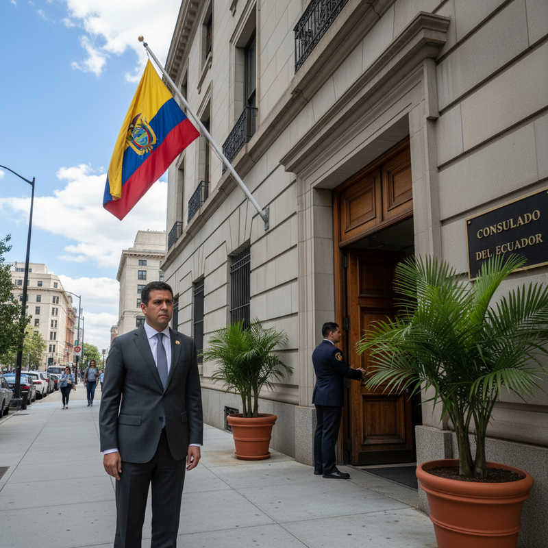 一位穿著深灰色西裝的男子站在厄瓜多領事館前，背景是旗桿上飄揚的厄瓜多國旗，領事館門口還有一位穿著藍色制服的保全，整張圖片呈現了莊重且正式的氛圍。