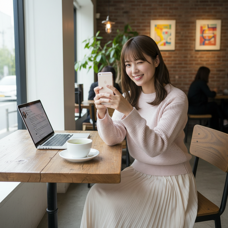 一位年輕的亞洲女性坐在咖啡廳靠窗的木桌旁，她穿著淡粉色毛衣和米色百褶裙。她左手拿著一支iPhone手機，右手放在手機下方，正在用手機自拍或和朋友視訊，臉上帶著俏皮的笑容並俏皮地眨著一隻眼睛。桌上擺著一台筆記型電腦和一杯拿鐵，窗外是車水馬龍的街景。