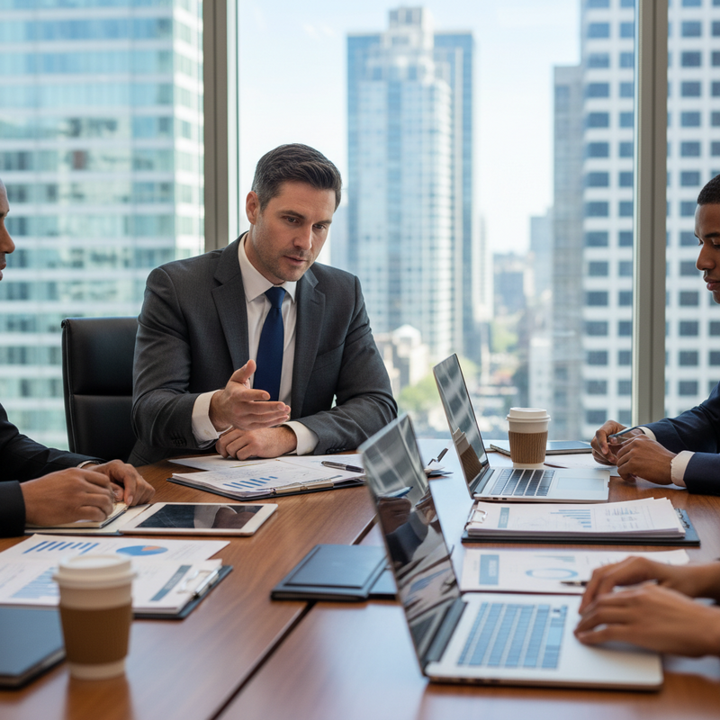 一群商務人士在現代化辦公室的會議室的會議室裡進行專業討論，中間的主講者正用手勢強調重點，展現企業會議的嚴謹與效率。