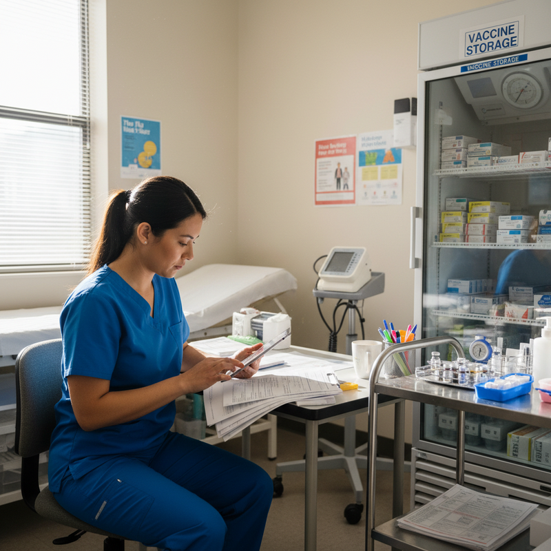 一位穿著藍色護理師制服的女性坐在診間內，專注地使用平板電腦處理資料。她身後是擺放整齊的疫苗儲存冰箱，標示著「VACCINE STORAGE」，冰箱內有多種疫苗和藥品。診間環境明亮整潔，一旁有診療床和醫療設備，顯示這是進行疫苗接種或基礎醫療服務的場所。