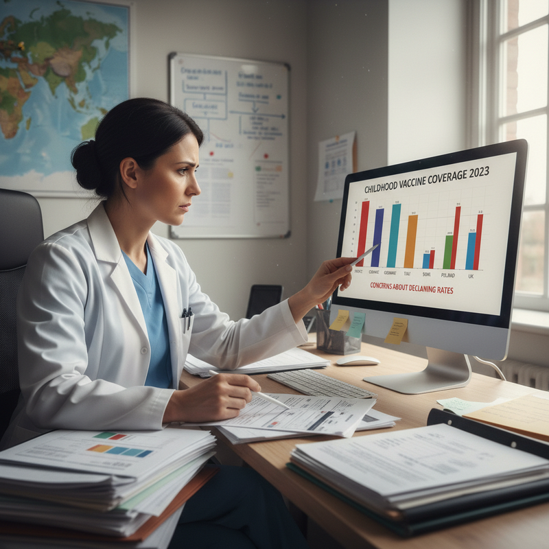 一位穿著白色醫師袍的女性醫療專業人員，專注地坐在辦公桌前，右手食指指向電腦螢幕上顯示的「CHILDHOOD VACCINE COVERAGE 2023」數據長條圖，圖表下方有「CONCERNS ABOUT DECLINING RATES」的文字，顯示她正在分析2023年兒童疫苗覆蓋率的數據，並對下降趨勢表達關切。她的左手拿著筆，桌面上堆滿了文件和報告，背景可見地圖與白板，營造出一個繁忙且嚴謹的醫療數據分析環境。