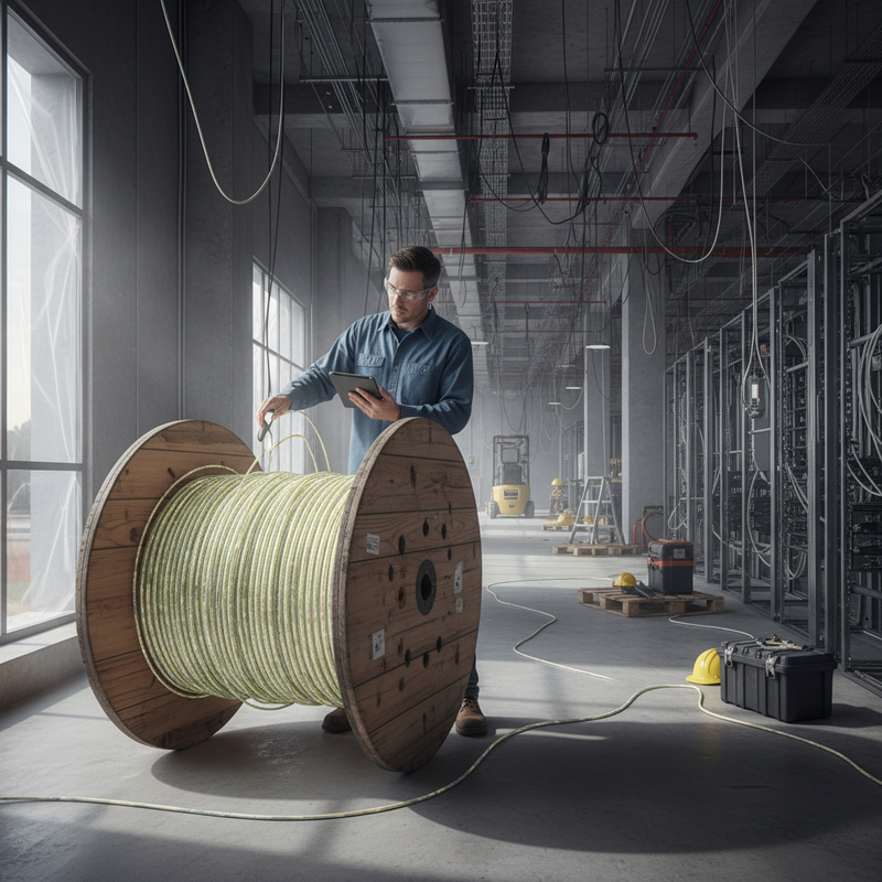 一名電氣工程師正在廣闊的工業廠房內，專注地檢查一捲巨大電纜線的施工情況，他手持平板電腦，另一手則正在處理電纜線，周圍散落著工程帽等施工工具。