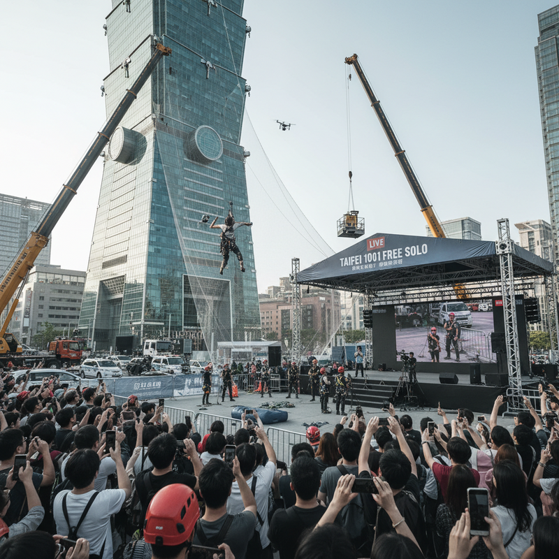 俯瞰台中都市叢林中，高樓大廈之間正在進行一场大型的笨豬跳活動。畫面中央是一位身穿專業裝備的挑戰者，正從高空一躍而下，透過安全網與繩索的保護，體驗刺激的極限運動。現場聚集了大量圍觀民眾，他們高舉手機捕捉這驚險瞬間。舞台區有大型螢幕實況轉播，並設有「TAIPEI 101 FREE SOLO」的活動標語。兩側巨大的吊臂，以及空中的無人機，都顯示出這場活動的規模與專業性。