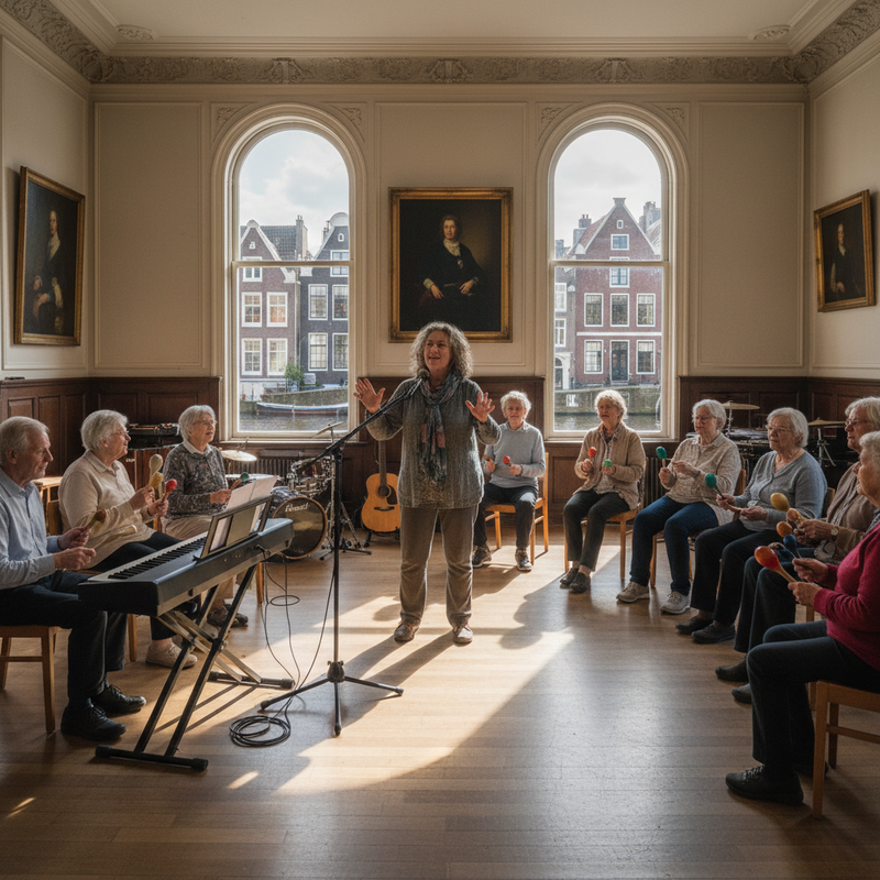 一群銀髮族長輩在明亮的室內空間中，跟著老師的帶領，一同演奏樂器。中央的老師手舞足蹈地指揮，而長輩們則圍繞著她，有人彈奏電子琴，其他人則搖晃著沙鈴等小型打擊樂器。窗外可見荷蘭運河旁的建築，為這場溫馨的音樂活動增添異國情調。