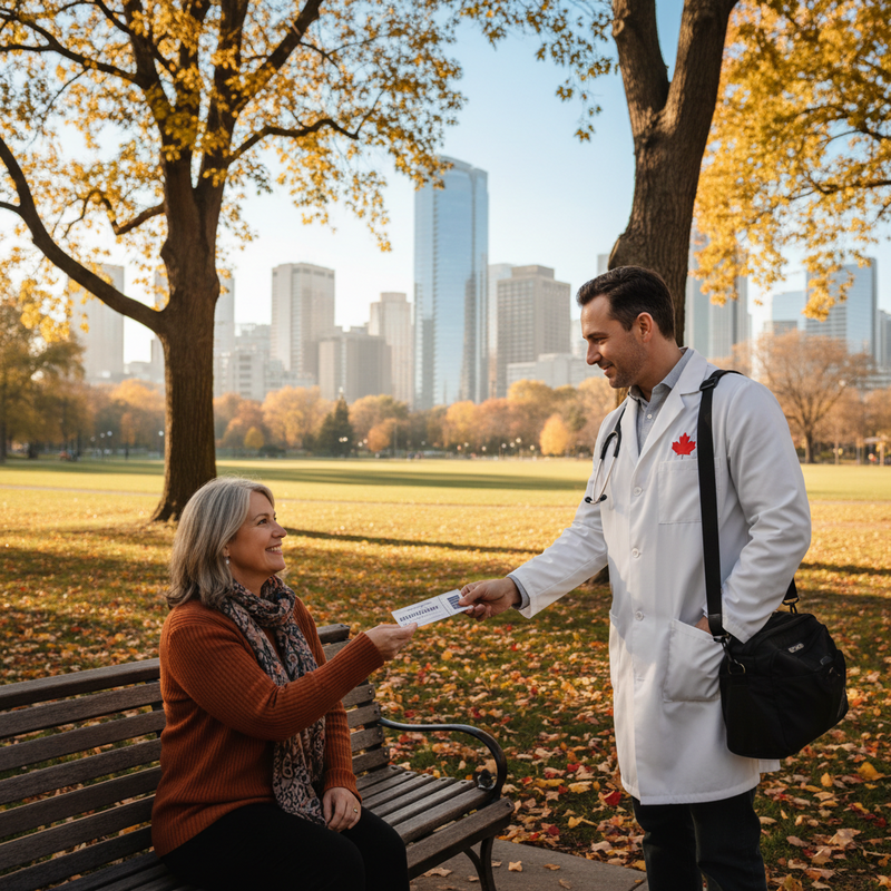 一位穿著白袍的醫生在秋天的公園裡，正將一張印有資訊的小卡遞給坐在長椅上的銀髮女性。醫生胸前別著加拿大楓葉標誌，背景是金黃的樹葉和城市天際線。