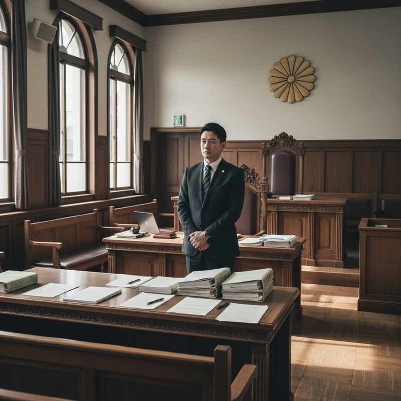 一位穿著深色西裝和領帶的亞洲男性律師，在台灣法院的審判庭內嚴肅站立，背景是木質牆面、大型窗戶和法官席。